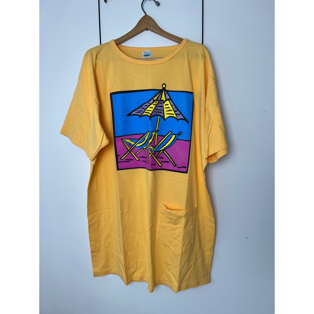 Beach Bound Vintage Yellow Graphic T-Shirt Dress Beach Chairs Pocket USA 1X